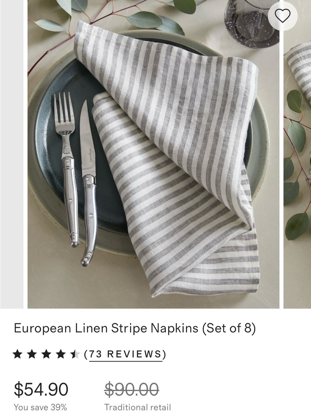 Quince Grey and White Striped European Linen Napkins - Set of 8